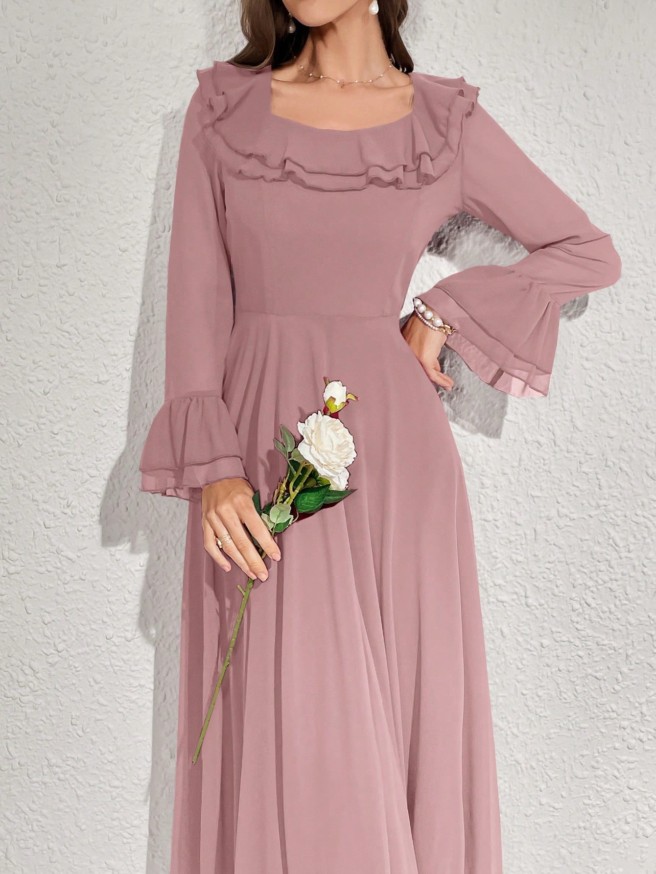 Buy SHEIN Modelyn Women's Solid Color Ruffled Flare Sleeve Maxi Elegant Dress Long Evening Dresses in Pakistan