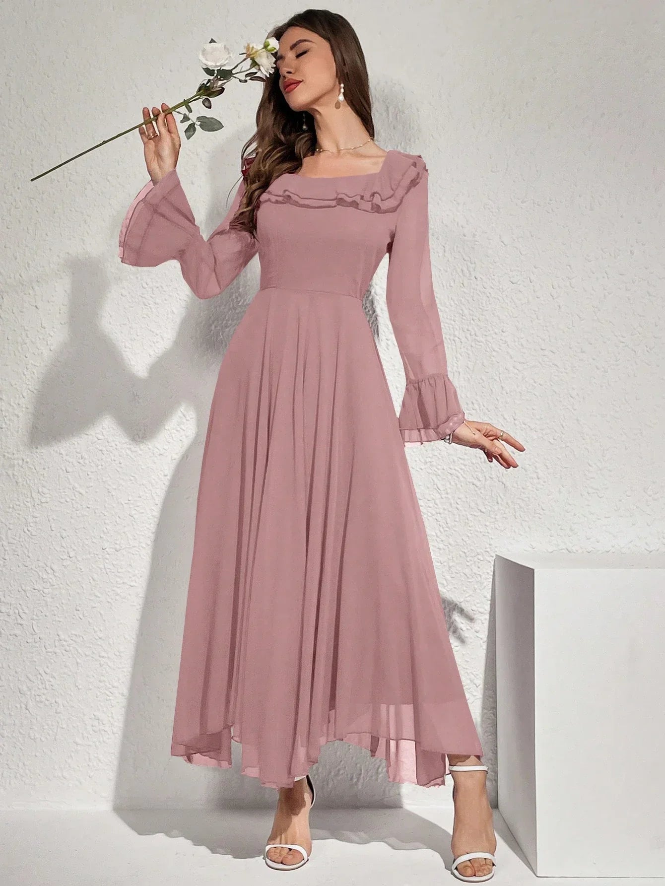 Buy SHEIN Modelyn Women's Solid Color Ruffled Flare Sleeve Maxi Elegant Dress Long Evening Dresses in Pakistan