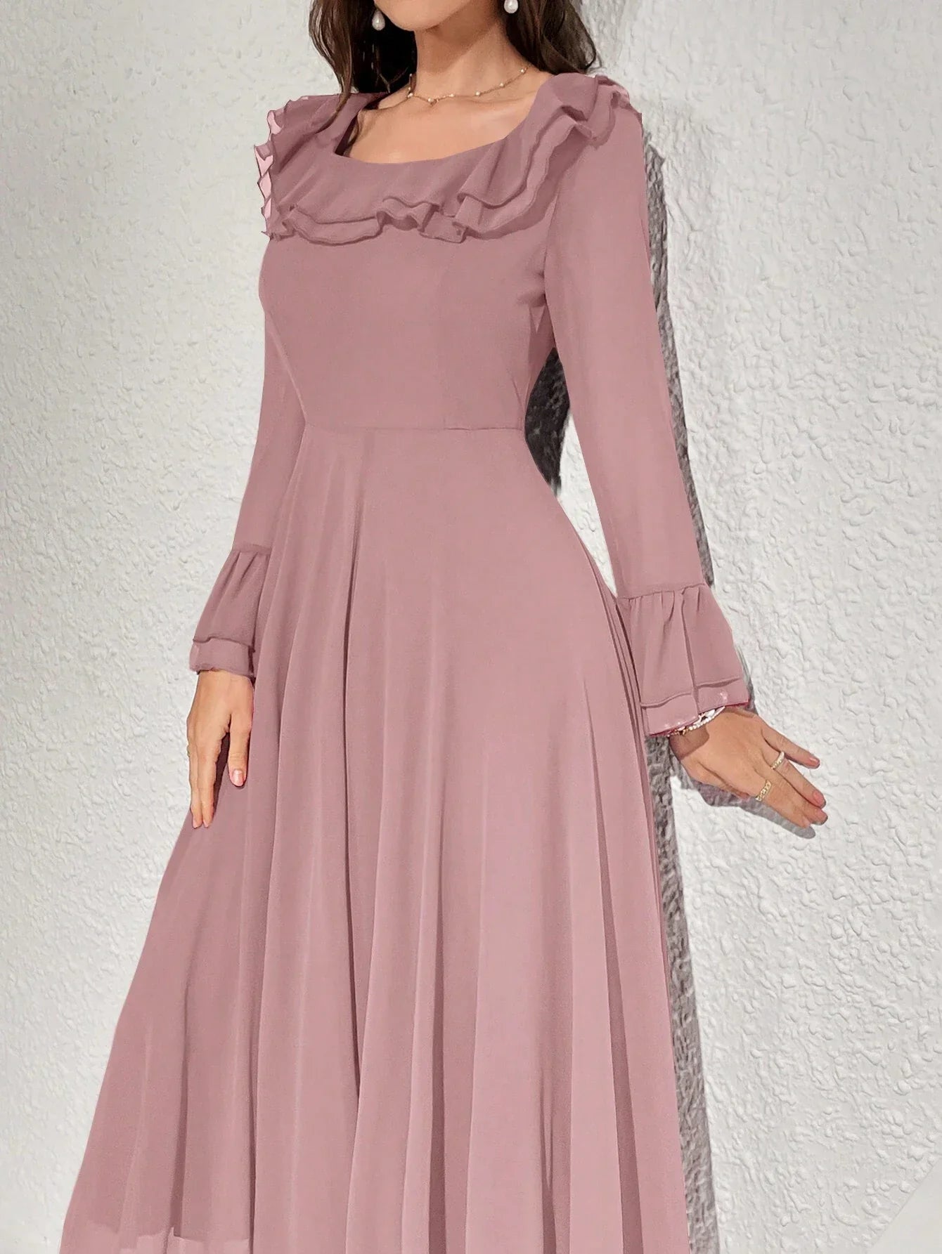 Buy SHEIN Modelyn Women's Solid Color Ruffled Flare Sleeve Maxi Elegant Dress Long Evening Dresses in Pakistan