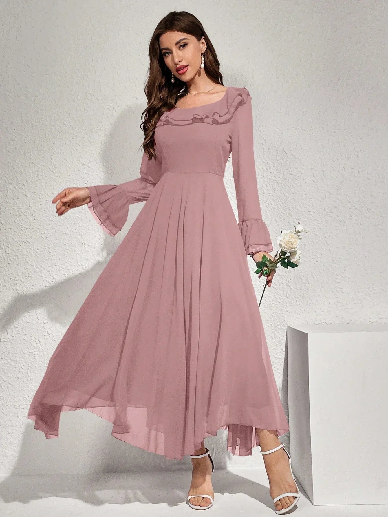 Buy SHEIN Modelyn Women's Solid Color Ruffled Flare Sleeve Maxi Elegant Dress Long Evening Dresses in Pakistan