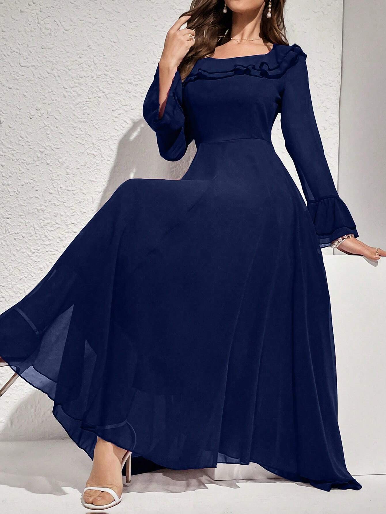 Buy SHEIN Modelyn Women's Solid Color Simple Daily Long Sleeve Dress Maxi Women Outfit Long Evening Dresses in Pakistan