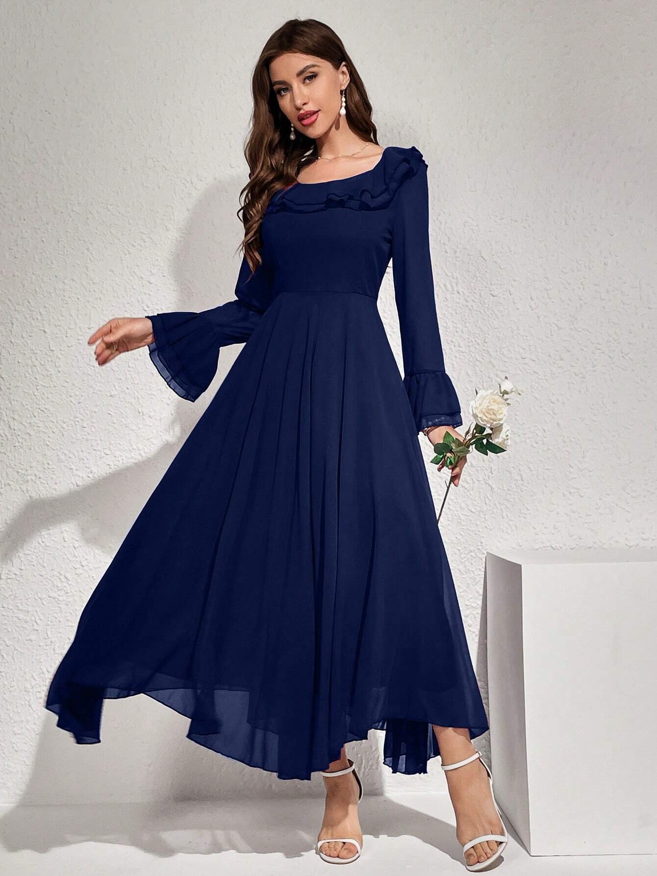 Buy SHEIN Modelyn Women's Solid Color Simple Daily Long Sleeve Dress Maxi Women Outfit Long Evening Dresses in Pakistan