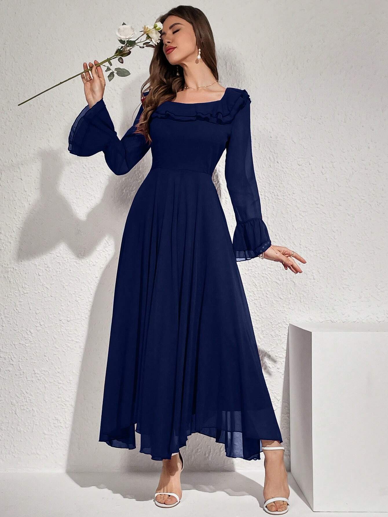 Buy SHEIN Modelyn Women's Solid Color Simple Daily Long Sleeve Dress Maxi Women Outfit Long Evening Dresses in Pakistan