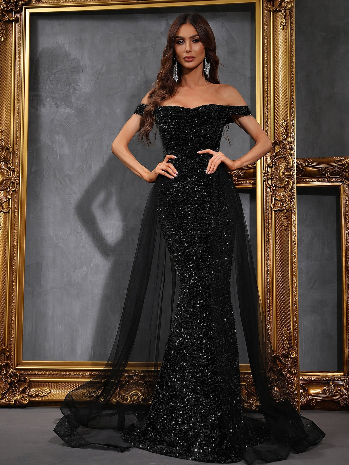 Buy SHEIN Off Shoulder Mesh Panel Sequin Prom Dress in Pakistan