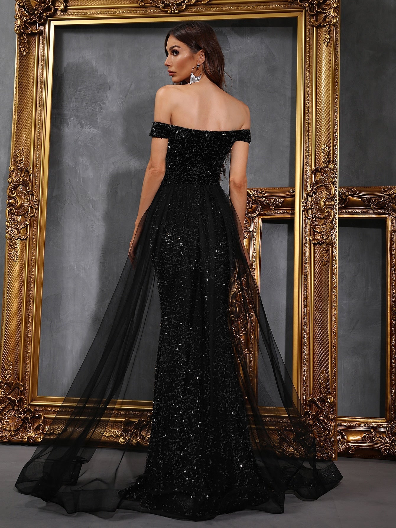 Buy SHEIN Off Shoulder Mesh Panel Sequin Prom Dress in Pakistan