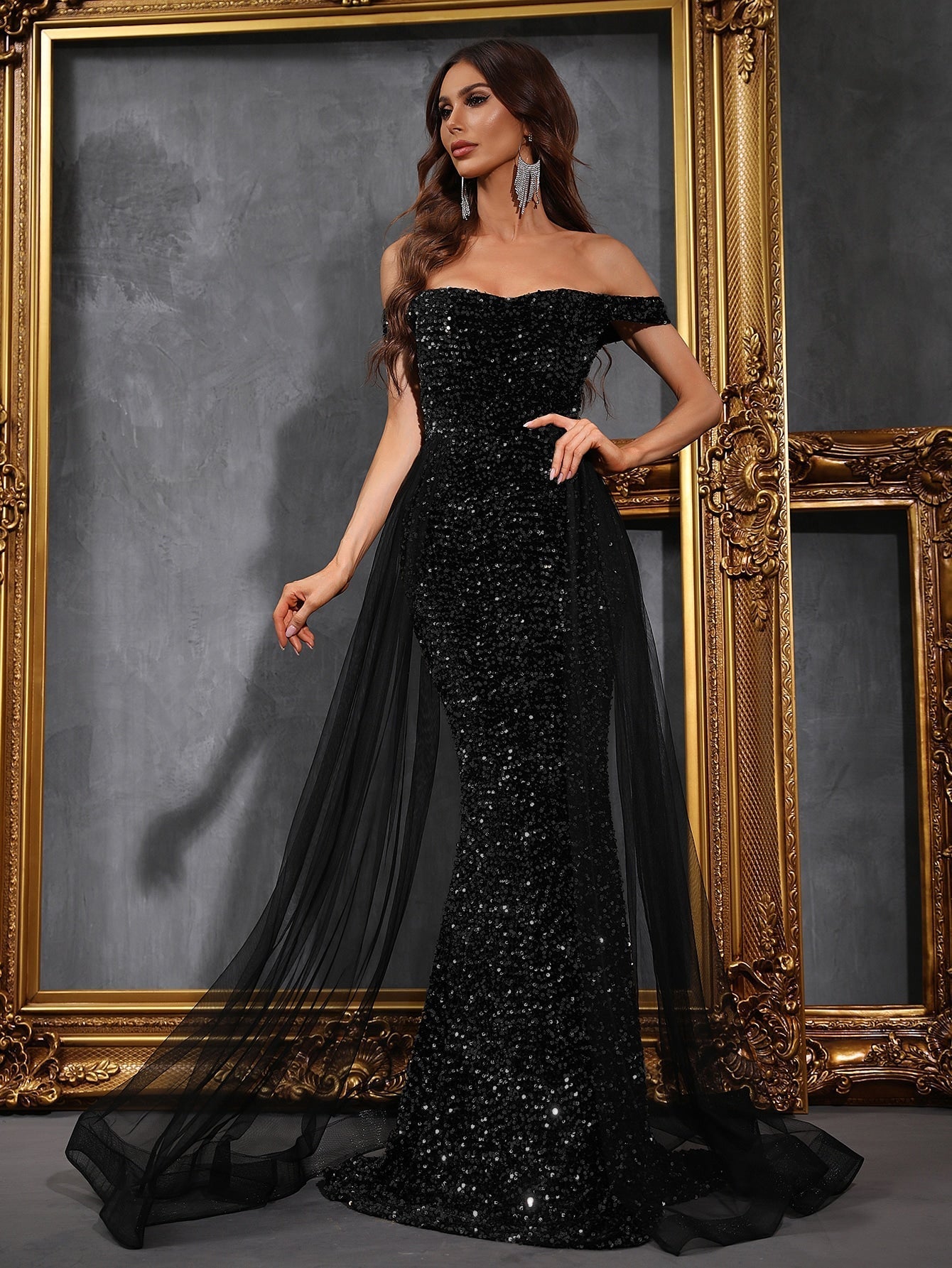 Buy SHEIN Off Shoulder Mesh Panel Sequin Prom Dress in Pakistan