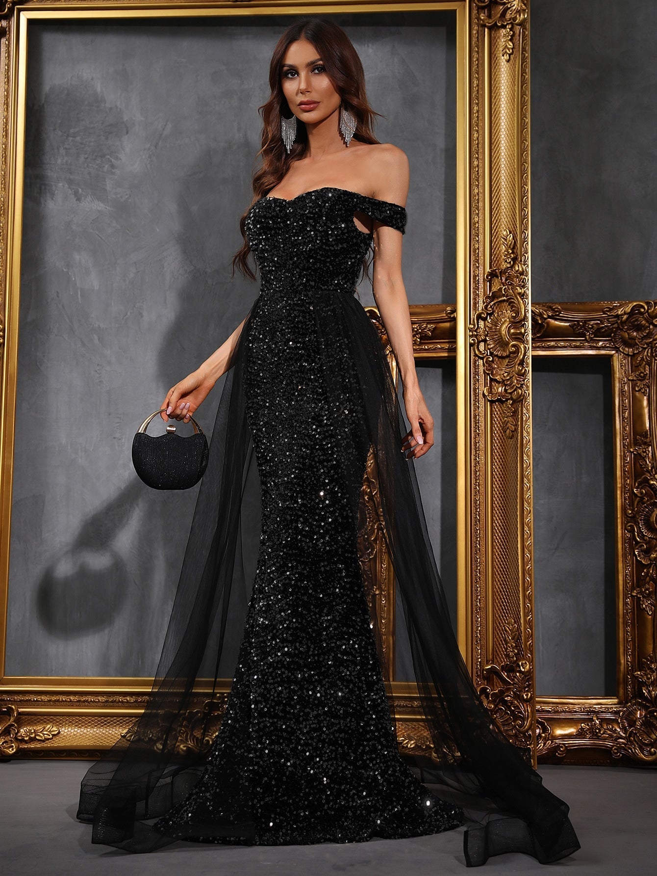 Buy SHEIN Off Shoulder Mesh Panel Sequin Prom Dress in Pakistan
