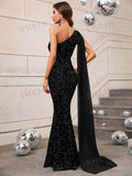 Buy SHEIN One Shoulder Contrast Mesh Cloak Sleeve Sequins Prom Dress in Pakistan