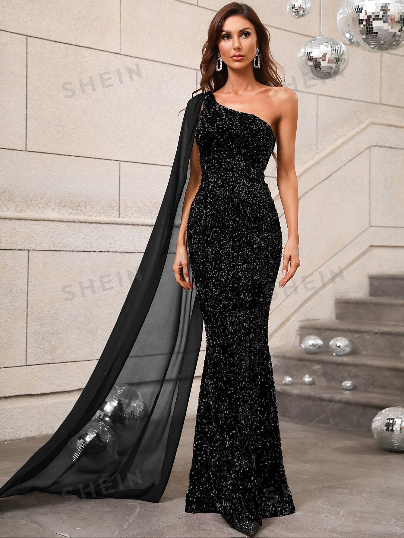 Buy SHEIN One Shoulder Contrast Mesh Cloak Sleeve Sequins Prom Dress in Pakistan