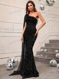 Buy SHEIN One Shoulder Contrast Mesh Cloak Sleeve Sequins Prom Dress in Pakistan