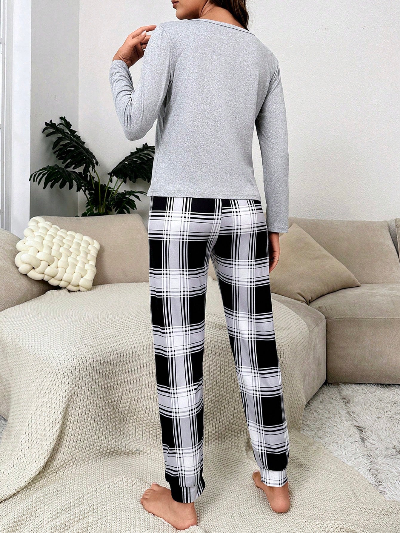 Buy SHEIN Panda Embroidery Tee & Plaid Print Pants PJ Set in Pakistan