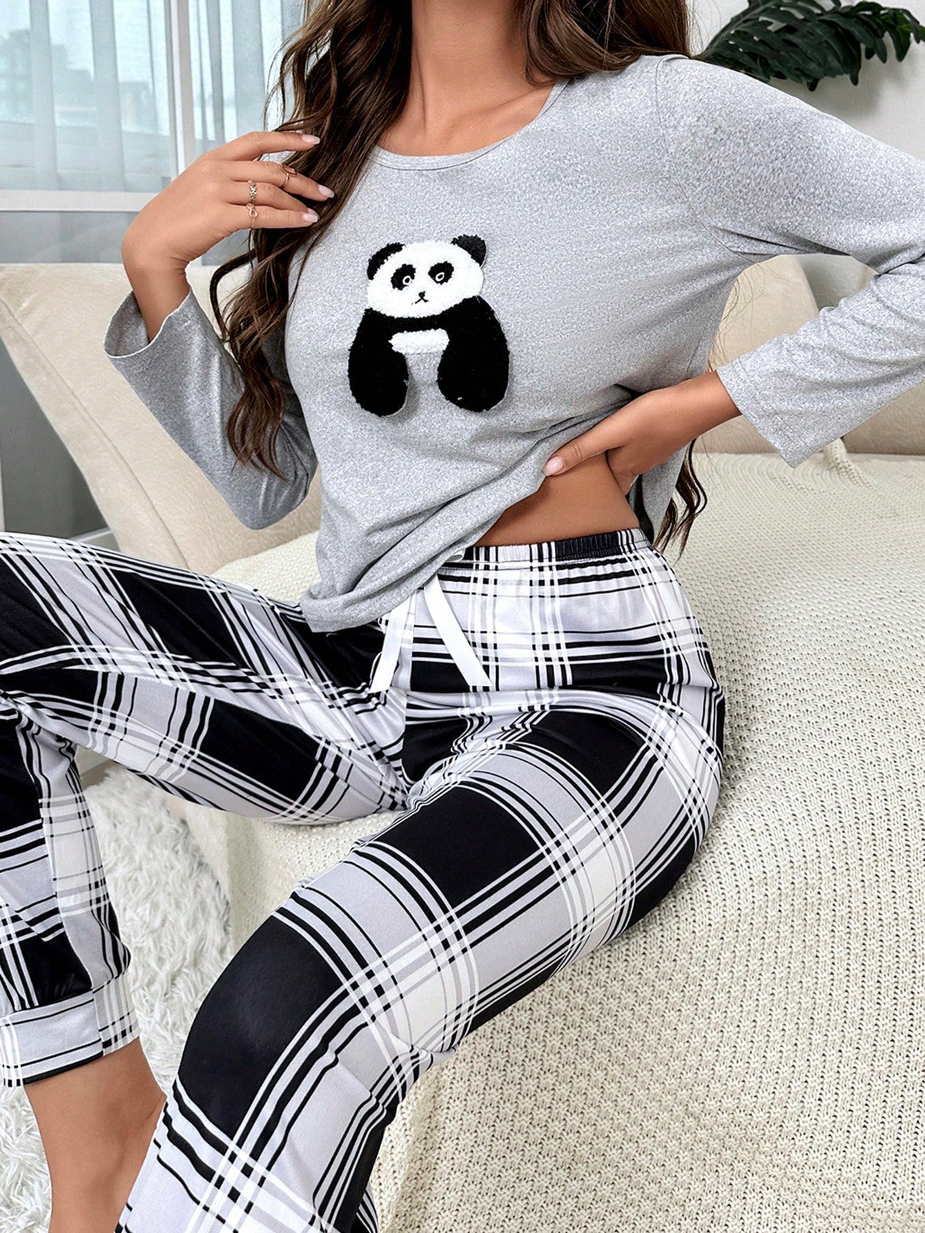 Buy SHEIN Panda Embroidery Tee & Plaid Print Pants PJ Set in Pakistan