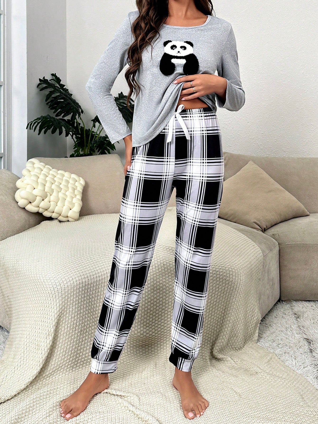 Buy SHEIN Panda Embroidery Tee & Plaid Print Pants PJ Set in Pakistan