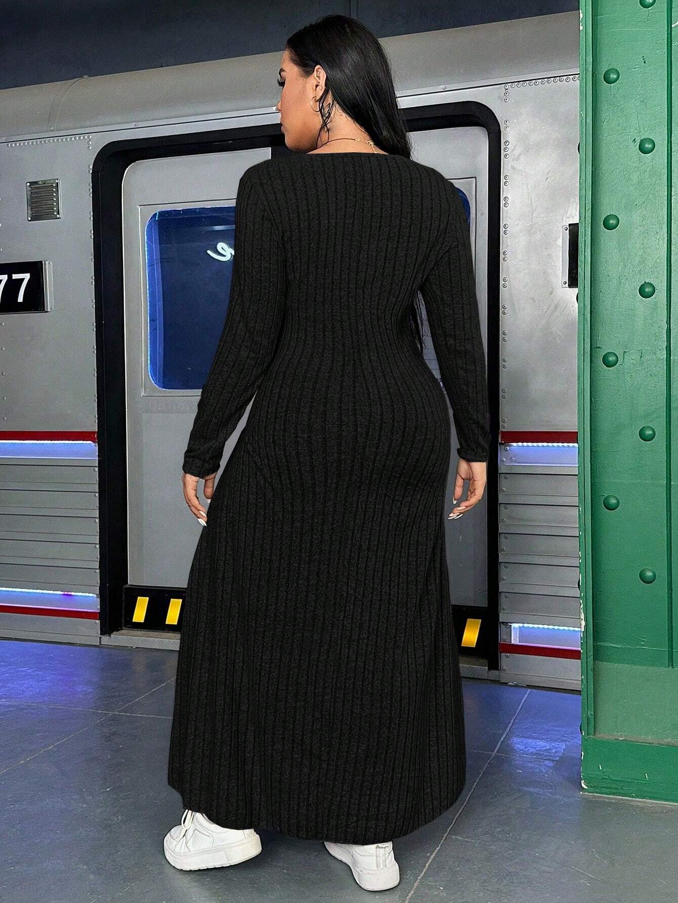 Buy SHEIN Plus Solid V Neck Ribbed Knit Dress in Pakistan