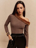Buy Poéselle Women's Fashionable Fuzzy Patchwork Asymmetrical Collar T-Shirt in Pakistan