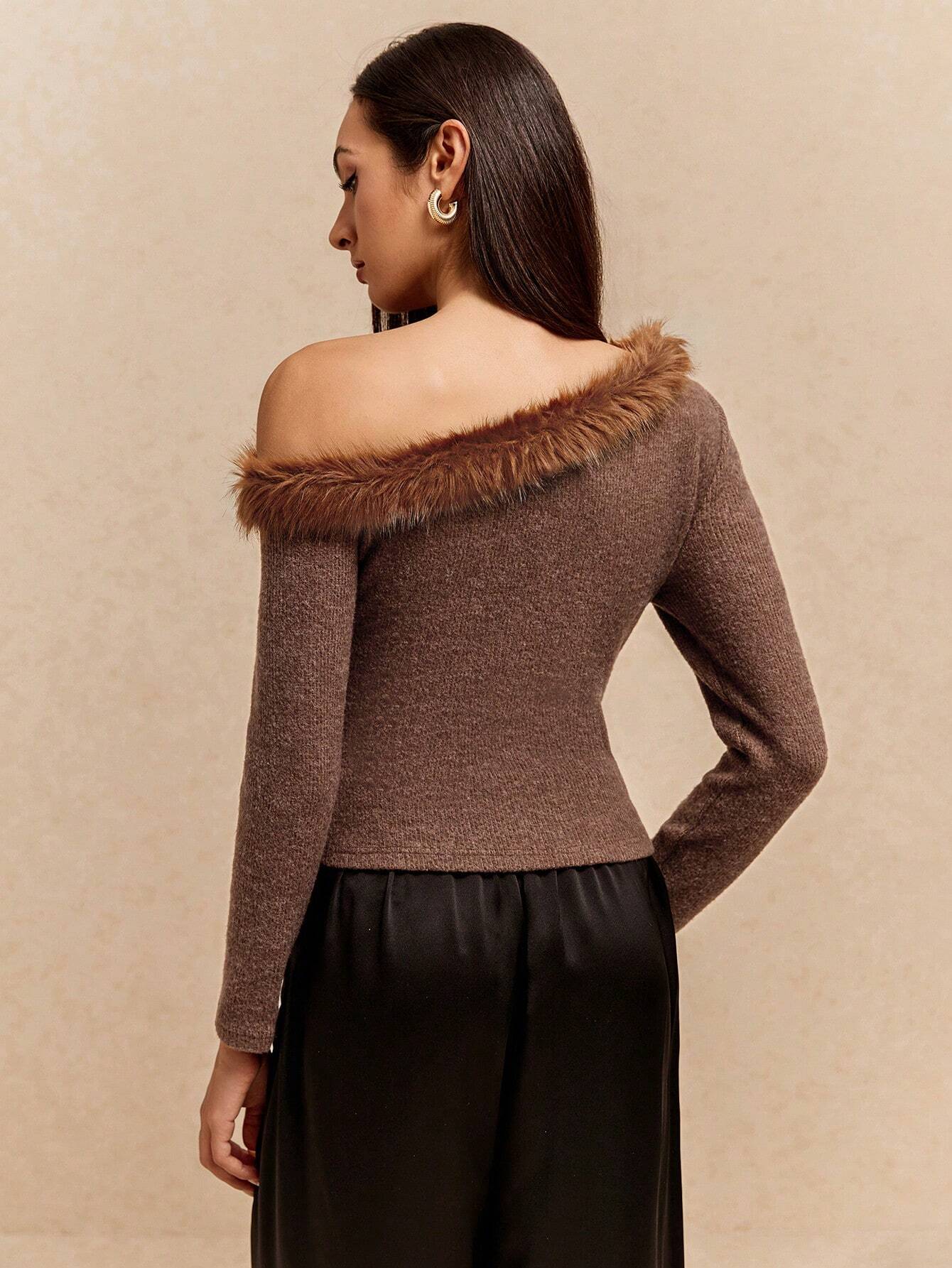 Buy Poéselle Women's Fashionable Fuzzy Patchwork Asymmetrical Collar T-Shirt in Pakistan