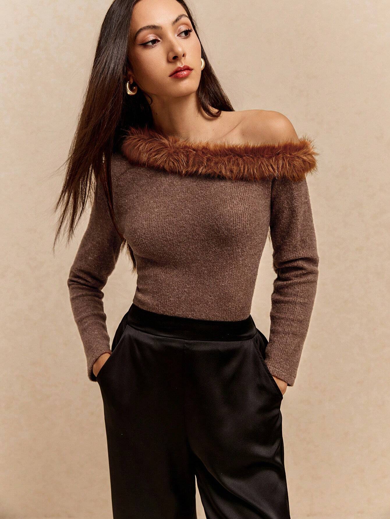 Buy Poéselle Women's Fashionable Fuzzy Patchwork Asymmetrical Collar T-Shirt in Pakistan