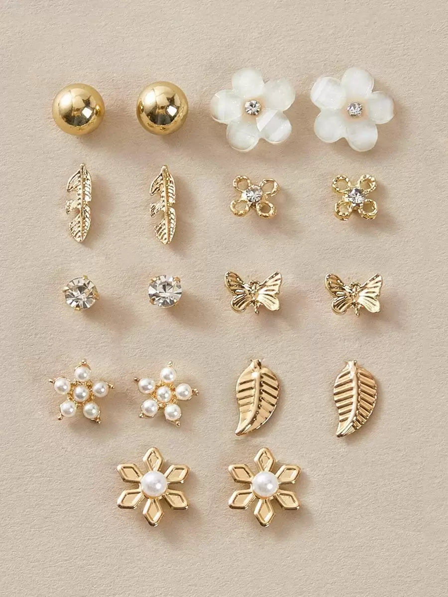 Buy SHEIN RINTOLER 9pairs/Set Japanese & Korean Unconventional Design Pearl & Flower & Geometric Shape Earrings in Pakistan