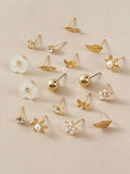 Buy SHEIN RINTOLER 9pairs/Set Japanese & Korean Unconventional Design Pearl & Flower & Geometric Shape Earrings in Pakistan