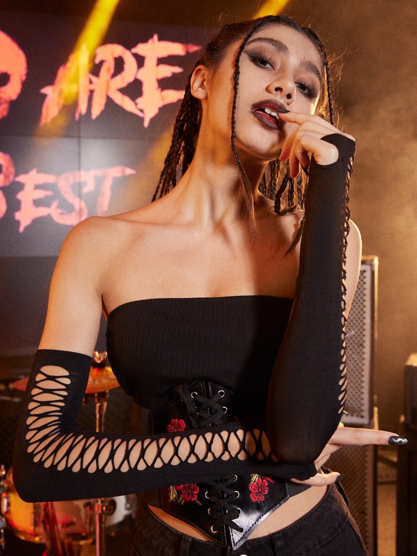 Buy SHEIN ROMWE Grunge Punk Solid Hollow Out Long Fingerless Gloves in Pakistan