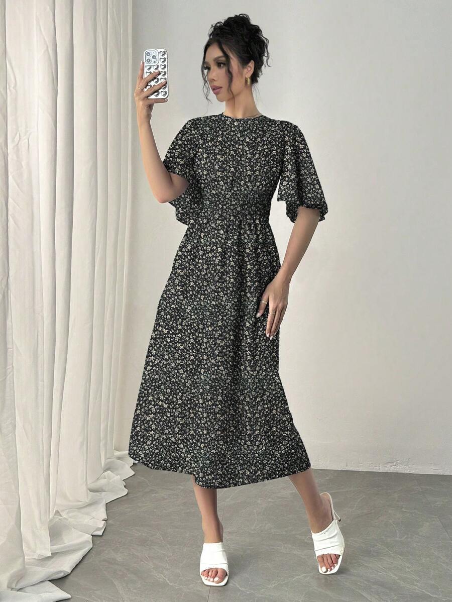 Buy SHEIN Rafferiza Blue Romantic Vacation Dress, Round Neck, Ruffle Short Sleeves, Ditsy Floral, Cinched Waist, Flared Hem, Casual Midi Dress Maxi Women Outfit in Pakistan