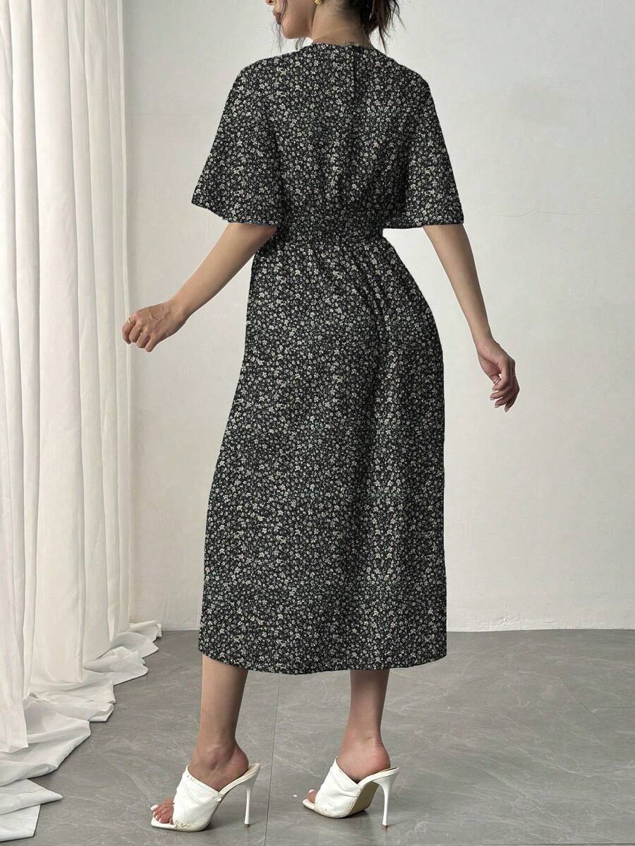 Buy SHEIN Rafferiza Blue Romantic Vacation Dress, Round Neck, Ruffle Short Sleeves, Ditsy Floral, Cinched Waist, Flared Hem, Casual Midi Dress Maxi Women Outfit in Pakistan