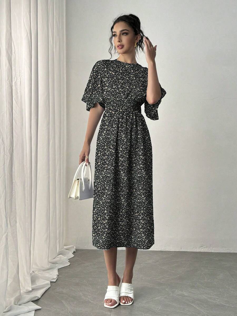 Buy SHEIN Rafferiza Blue Romantic Vacation Dress, Round Neck, Ruffle Short Sleeves, Ditsy Floral, Cinched Waist, Flared Hem, Casual Midi Dress Maxi Women Outfit in Pakistan