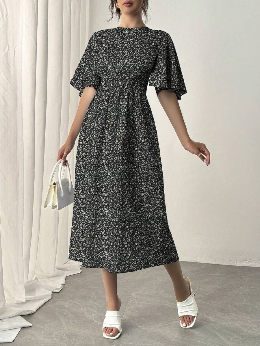 Buy SHEIN Rafferiza Blue Romantic Vacation Dress, Round Neck, Ruffle Short Sleeves, Ditsy Floral, Cinched Waist, Flared Hem, Casual Midi Dress Maxi Women Outfit in Pakistan