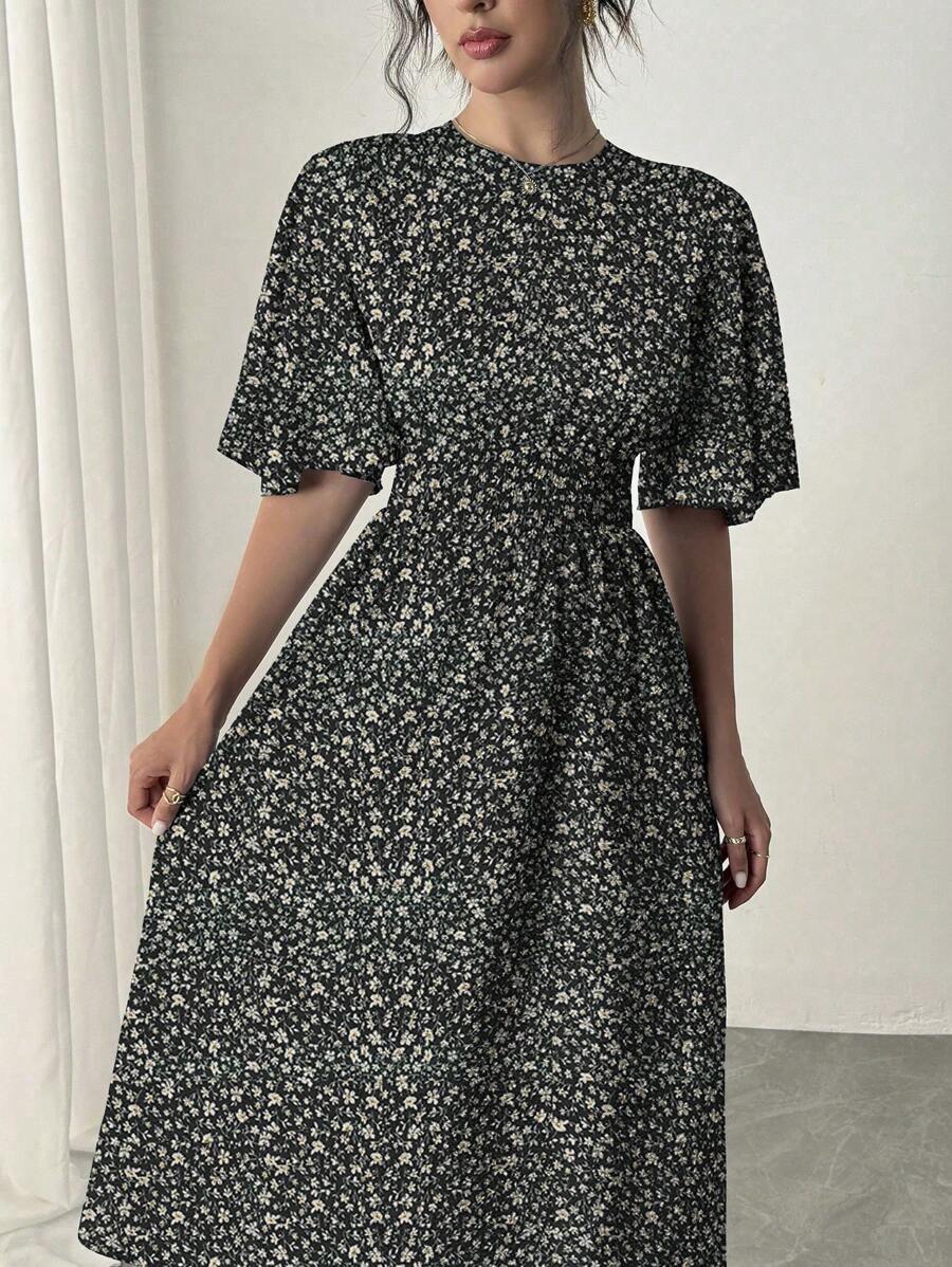 Buy SHEIN Rafferiza Blue Romantic Vacation Dress, Round Neck, Ruffle Short Sleeves, Ditsy Floral, Cinched Waist, Flared Hem, Casual Midi Dress Maxi Women Outfit in Pakistan