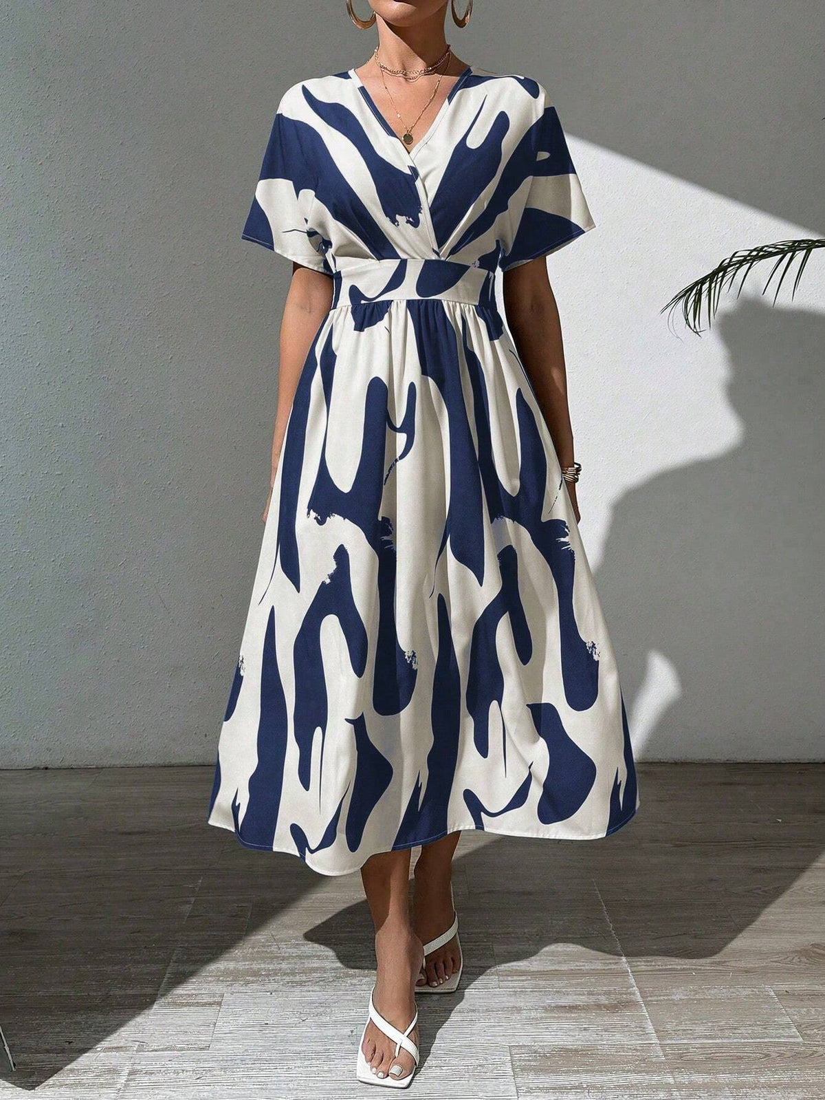 Buy SHEIN Rafferiza Summer Casual A-Line V-Neck Batwing Sleeve Printed Dress For Holiday Maxi Women Outfit in Pakistan