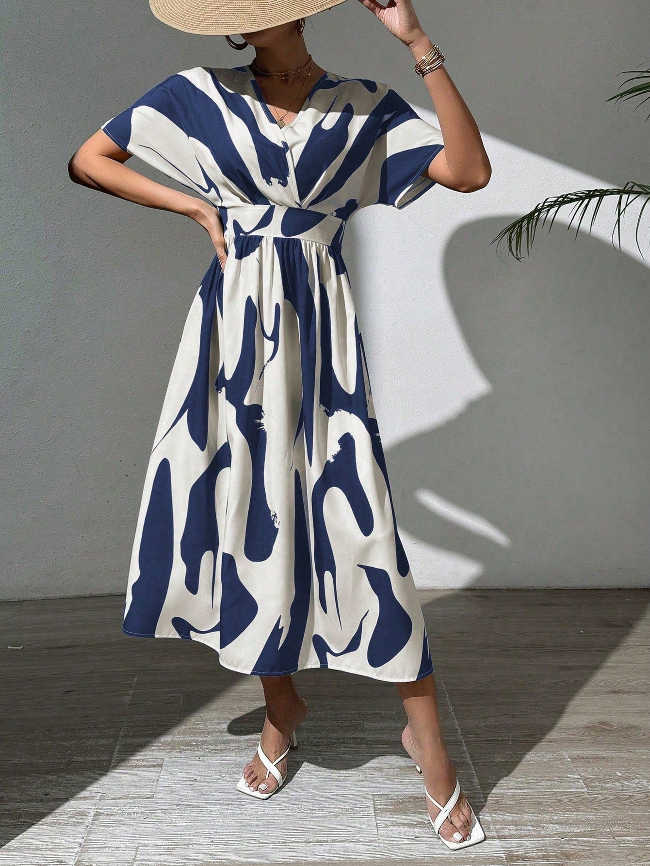 Buy SHEIN Rafferiza Summer Casual A-Line V-Neck Batwing Sleeve Printed Dress For Holiday Maxi Women Outfit in Pakistan