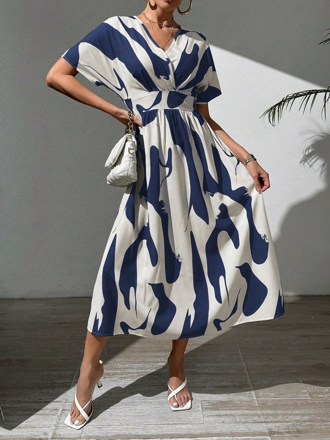 Buy SHEIN Rafferiza Summer Casual A-Line V-Neck Batwing Sleeve Printed Dress For Holiday Maxi Women Outfit in Pakistan