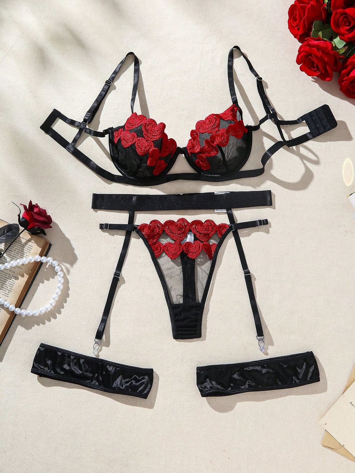Buy SHEIN Romantic Rose & Heart Shaped Lady Sexy Lingerie Set in Pakistan