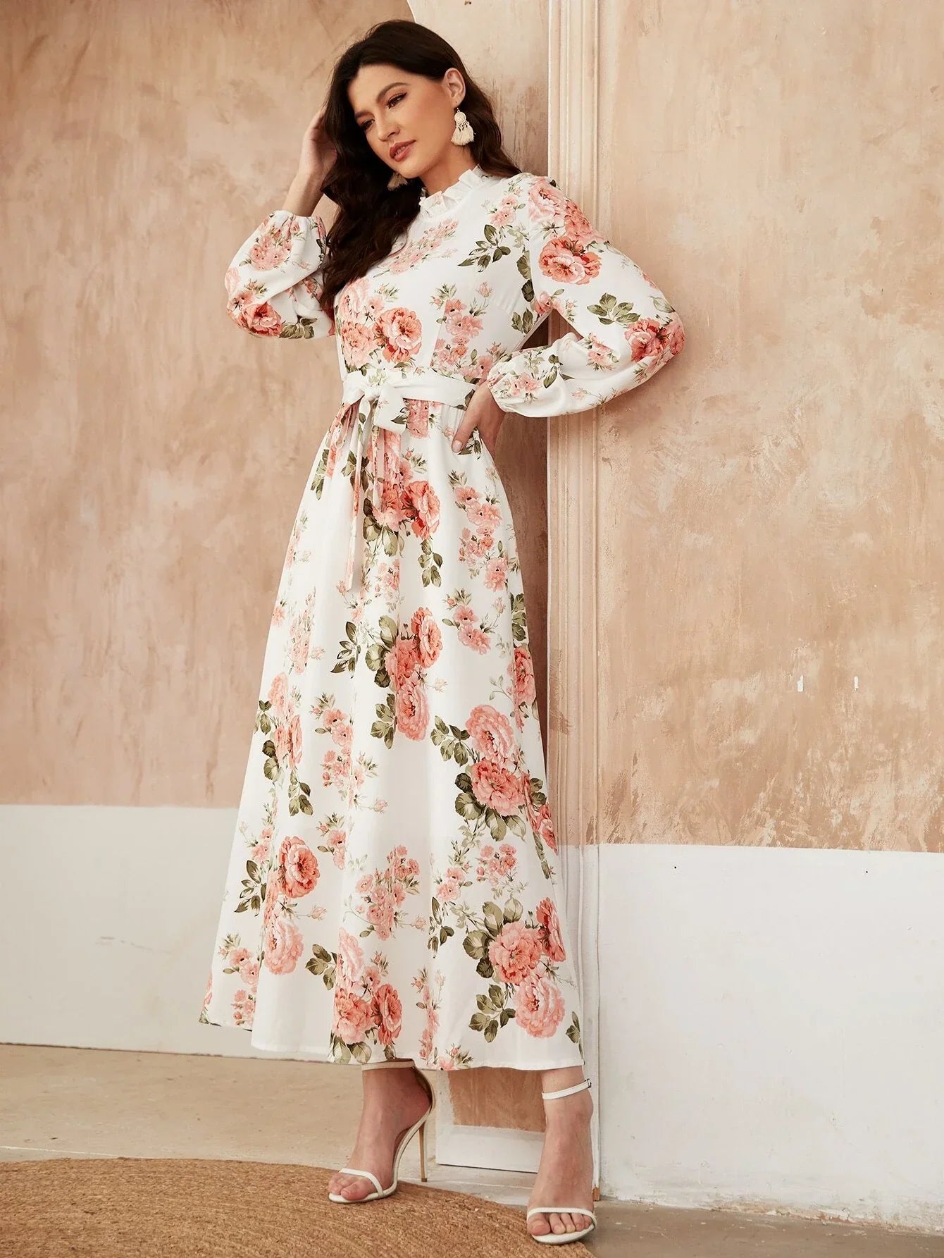 Buy Shein Ruffle Neck Floral Print Belted A-line Dress in Pakistan