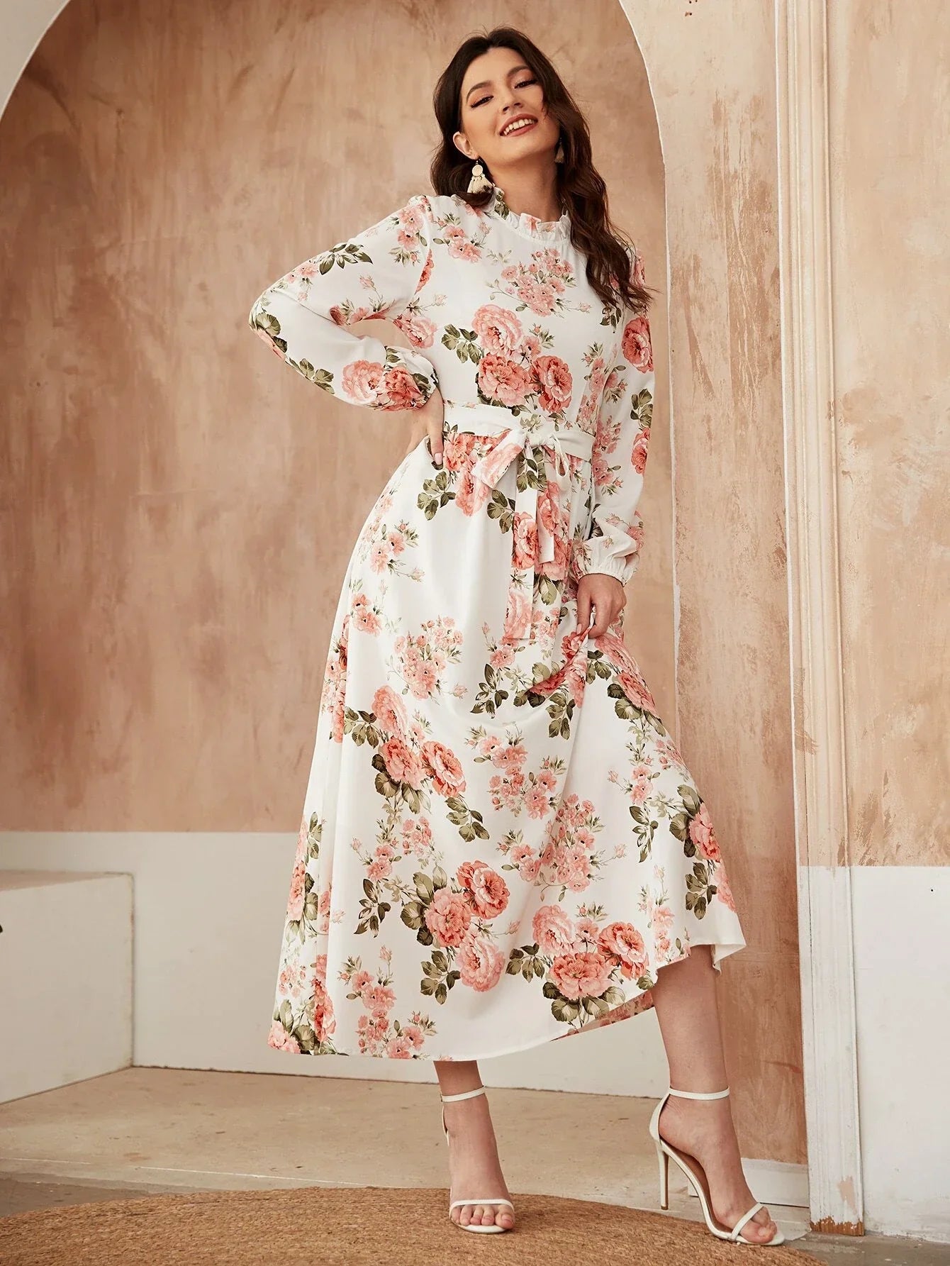 Buy Shein Ruffle Neck Floral Print Belted A-line Dress in Pakistan