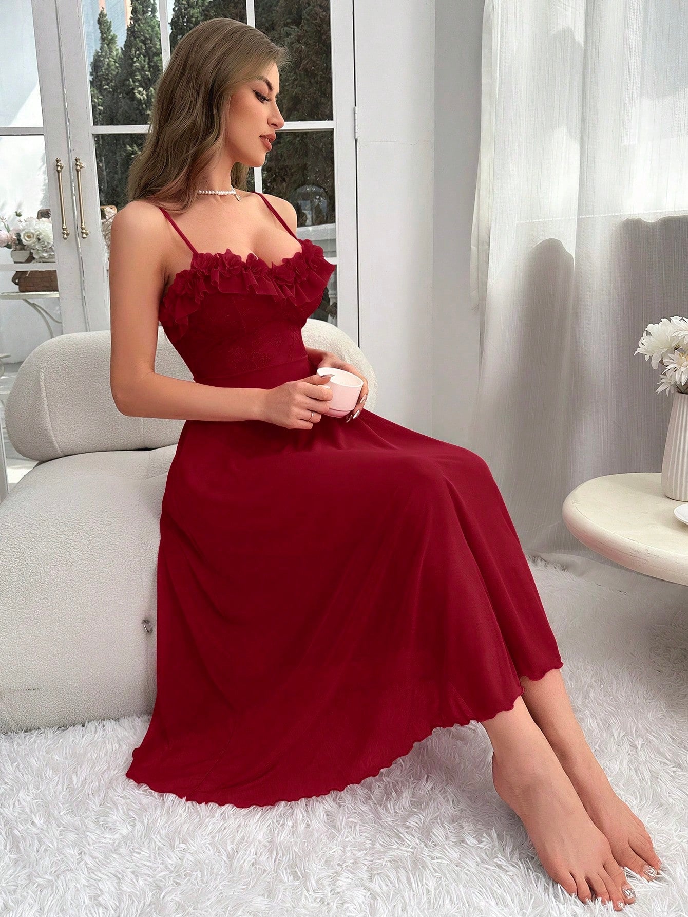 Buy SHEIN Ruffle Trim Mesh Cami Nightdress in Pakistan