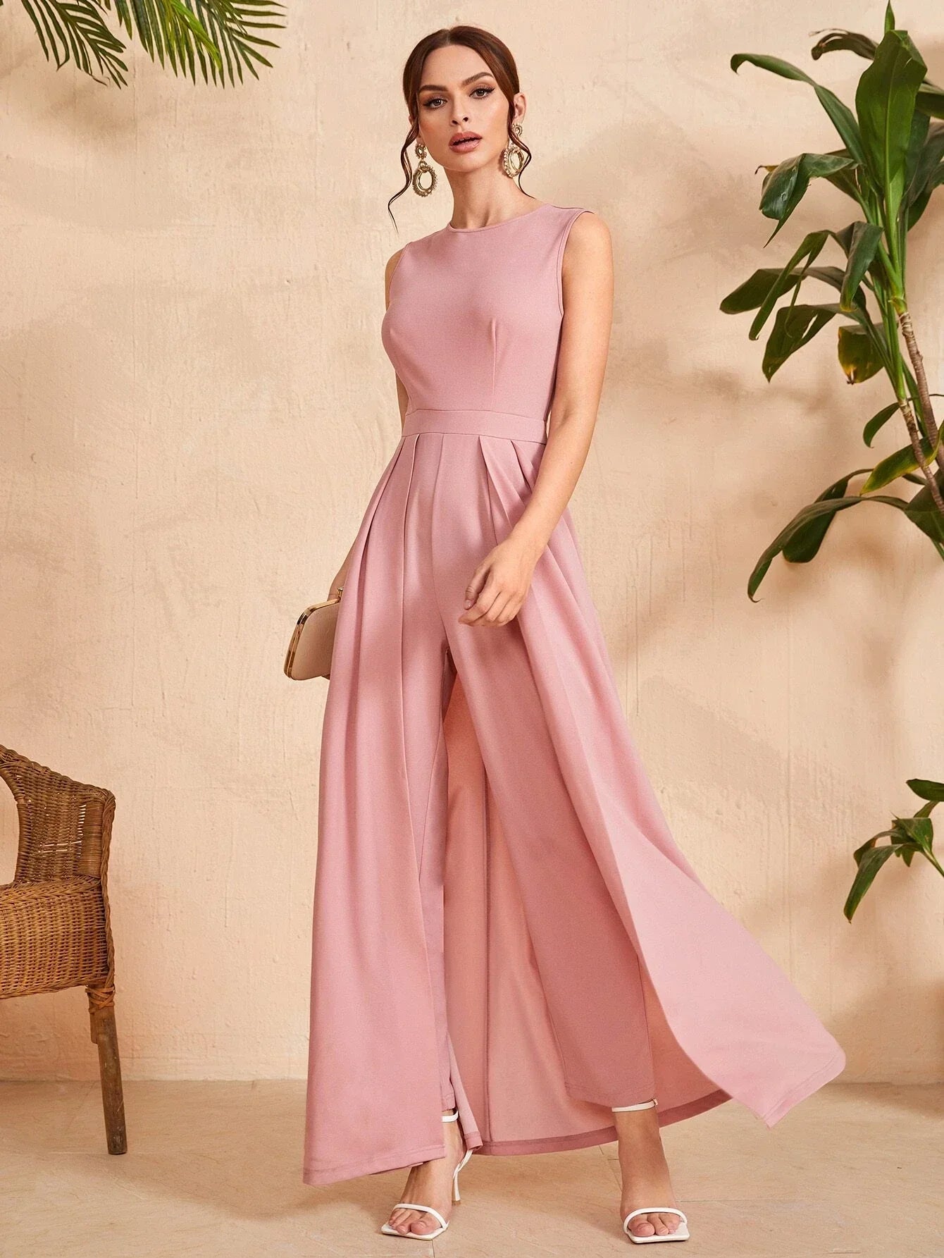 Buy SHEIN Solid Zipper Back Culotte Jumpsuit in Pakistan