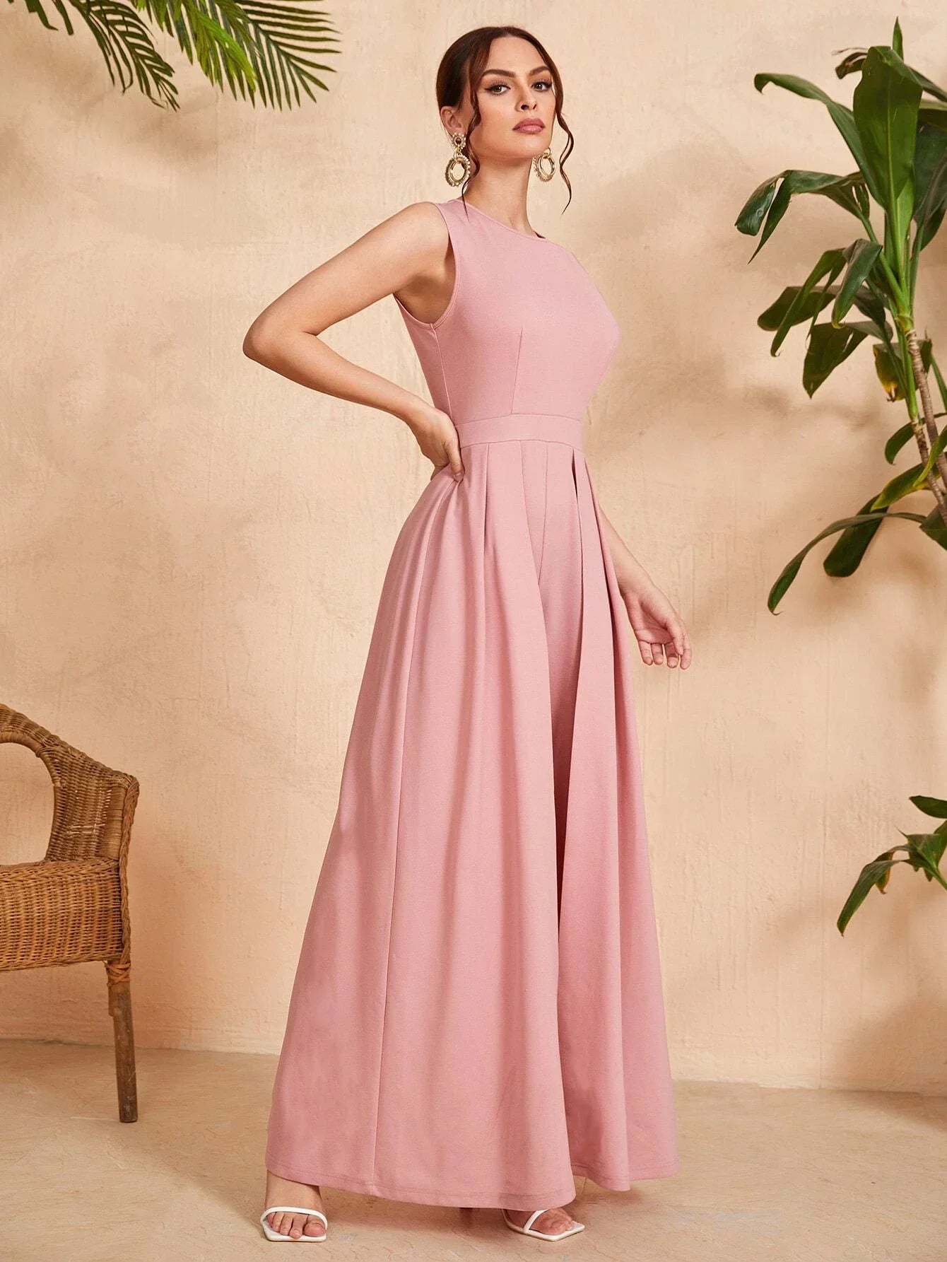 Buy SHEIN Solid Zipper Back Culotte Jumpsuit in Pakistan