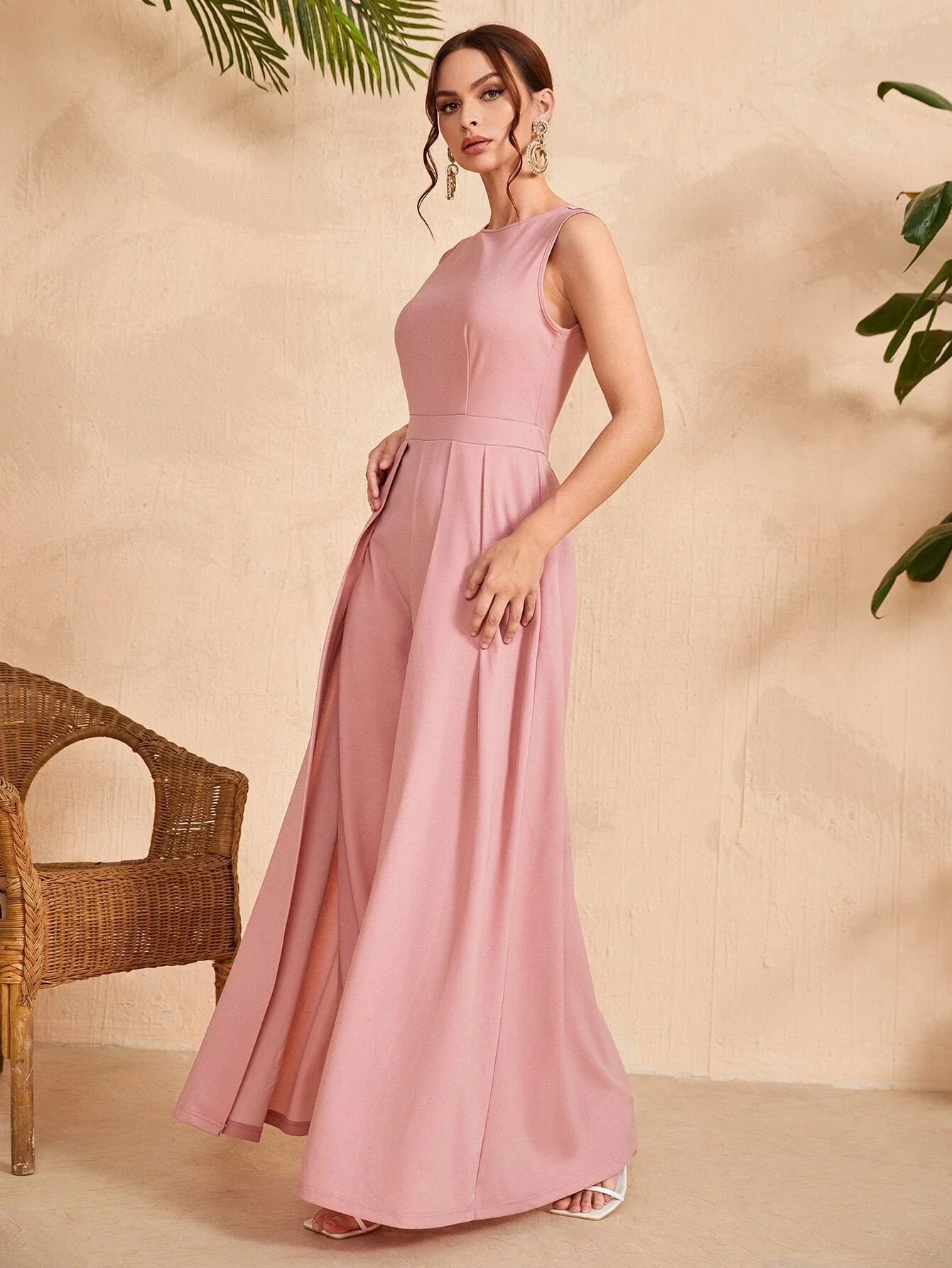 Buy SHEIN Solid Zipper Back Culotte Jumpsuit in Pakistan