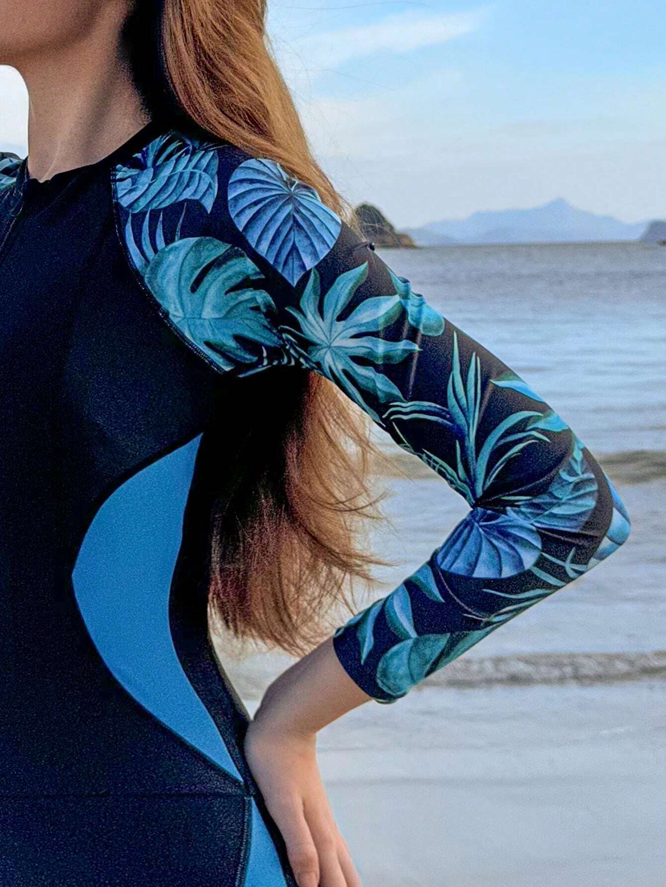 Buy SHEIN 1pc Women's Tropical Plant Printed Long Sleeve Zip Half Placket Rash Guard Jumpsuit For Sun Protection in Pakistan
