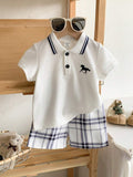 Buy SHEIN 2pcs Baby Boy Outfit Set: Short Sleeve Shirt With Collar And Plaid Pattern Pants, Fashionable And Suitable For All Occasions In Summer Boy Baby Clothes Boy Baby Clothes Summer in Pakistan