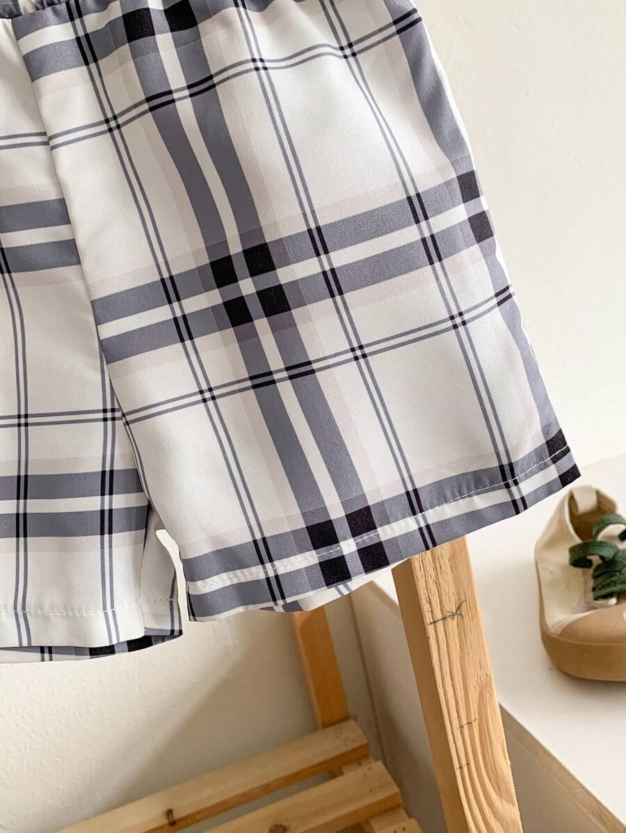 Buy SHEIN 2pcs Baby Boy Outfit Set: Short Sleeve Shirt With Collar And Plaid Pattern Pants, Fashionable And Suitable For All Occasions In Summer Boy Baby Clothes Boy Baby Clothes Summer in Pakistan