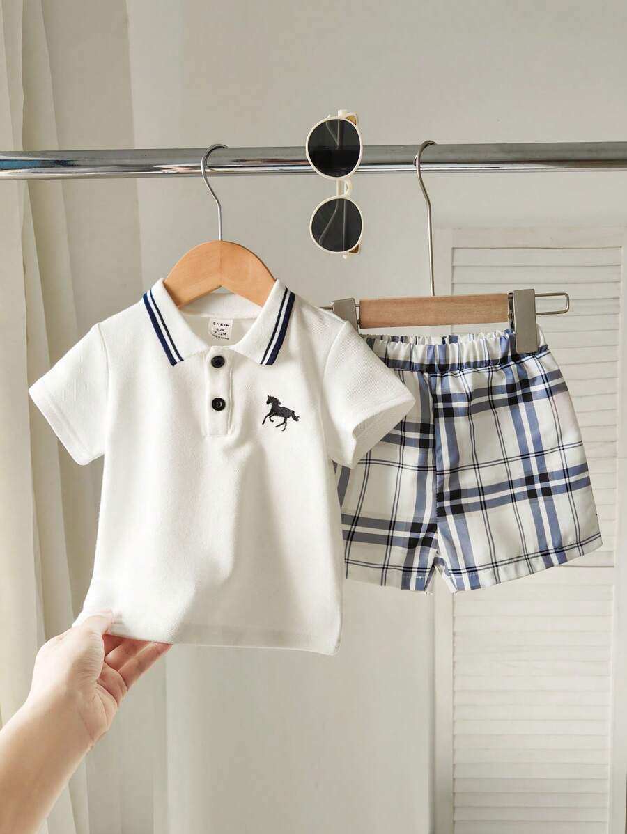 Buy SHEIN 2pcs Baby Boy Outfit Set: Short Sleeve Shirt With Collar And Plaid Pattern Pants, Fashionable And Suitable For All Occasions In Summer Boy Baby Clothes Boy Baby Clothes Summer in Pakistan