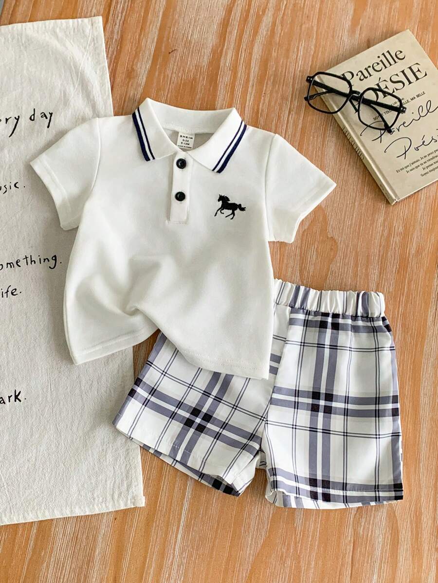 Buy SHEIN 2pcs Baby Boy Outfit Set: Short Sleeve Shirt With Collar And Plaid Pattern Pants, Fashionable And Suitable For All Occasions In Summer Boy Baby Clothes Boy Baby Clothes Summer in Pakistan