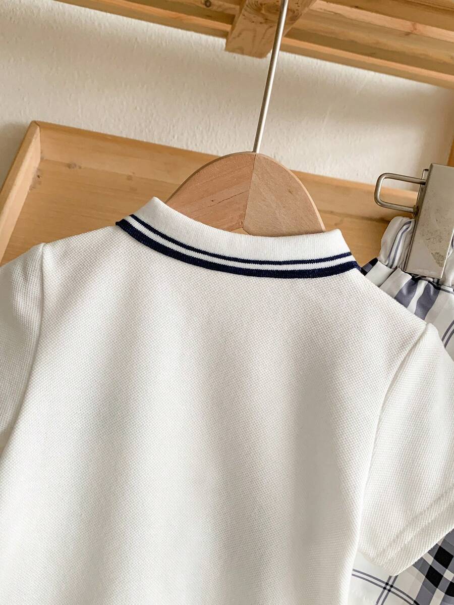 Buy SHEIN 2pcs Baby Boy Outfit Set: Short Sleeve Shirt With Collar And Plaid Pattern Pants, Fashionable And Suitable For All Occasions In Summer Boy Baby Clothes Boy Baby Clothes Summer in Pakistan