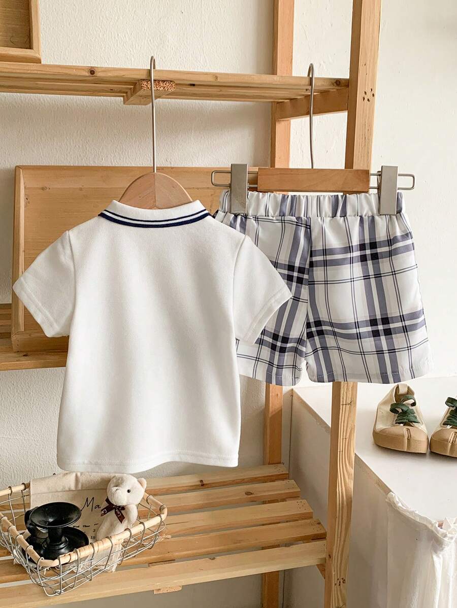 Buy SHEIN 2pcs Baby Boy Outfit Set: Short Sleeve Shirt With Collar And Plaid Pattern Pants, Fashionable And Suitable For All Occasions In Summer Boy Baby Clothes Boy Baby Clothes Summer in Pakistan