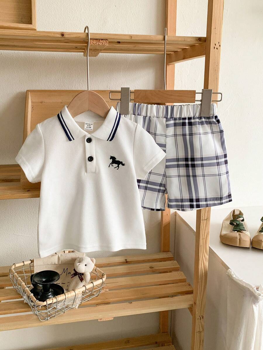 Buy SHEIN 2pcs Baby Boy Outfit Set: Short Sleeve Shirt With Collar And Plaid Pattern Pants, Fashionable And Suitable For All Occasions In Summer Boy Baby Clothes Boy Baby Clothes Summer in Pakistan