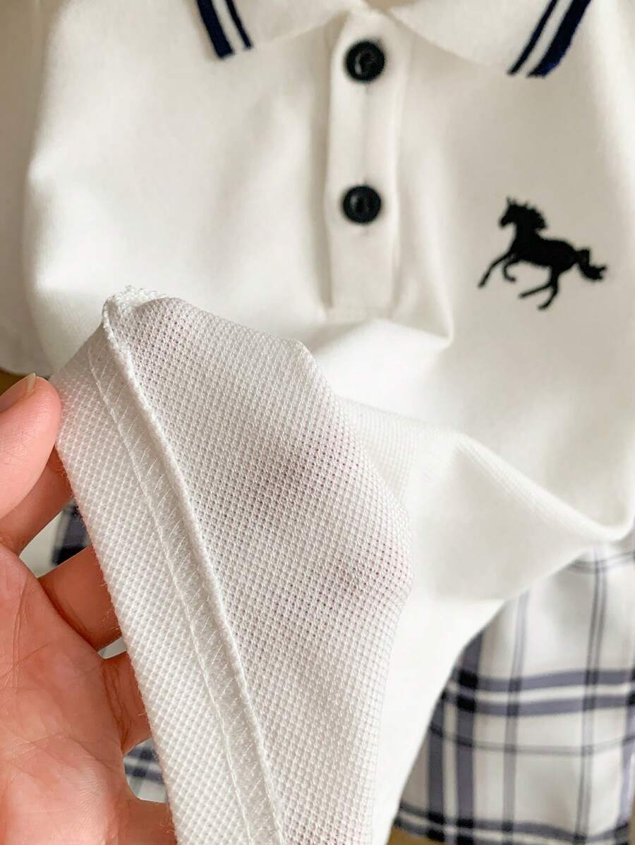 Buy SHEIN 2pcs Baby Boy Outfit Set: Short Sleeve Shirt With Collar And Plaid Pattern Pants, Fashionable And Suitable For All Occasions In Summer Boy Baby Clothes Boy Baby Clothes Summer in Pakistan