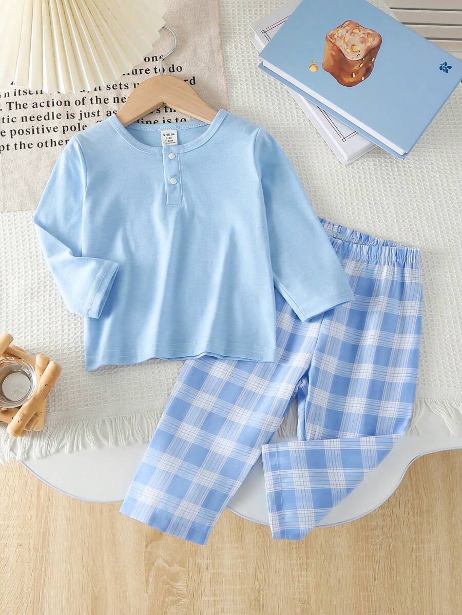 Buy SHEIN 2pcs Baby Boys Casual Solid Color Long Sleeve Top Paired With Classic Plaid Print Pants, Home Outfit Sets in Pakistan