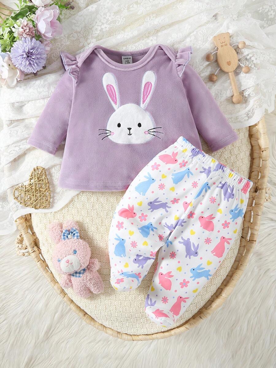 Buy SHEIN 2pcs Baby Girls' Minimalist Rabbit Print Long Sleeve Top And Pants Home Outfit in Pakistan